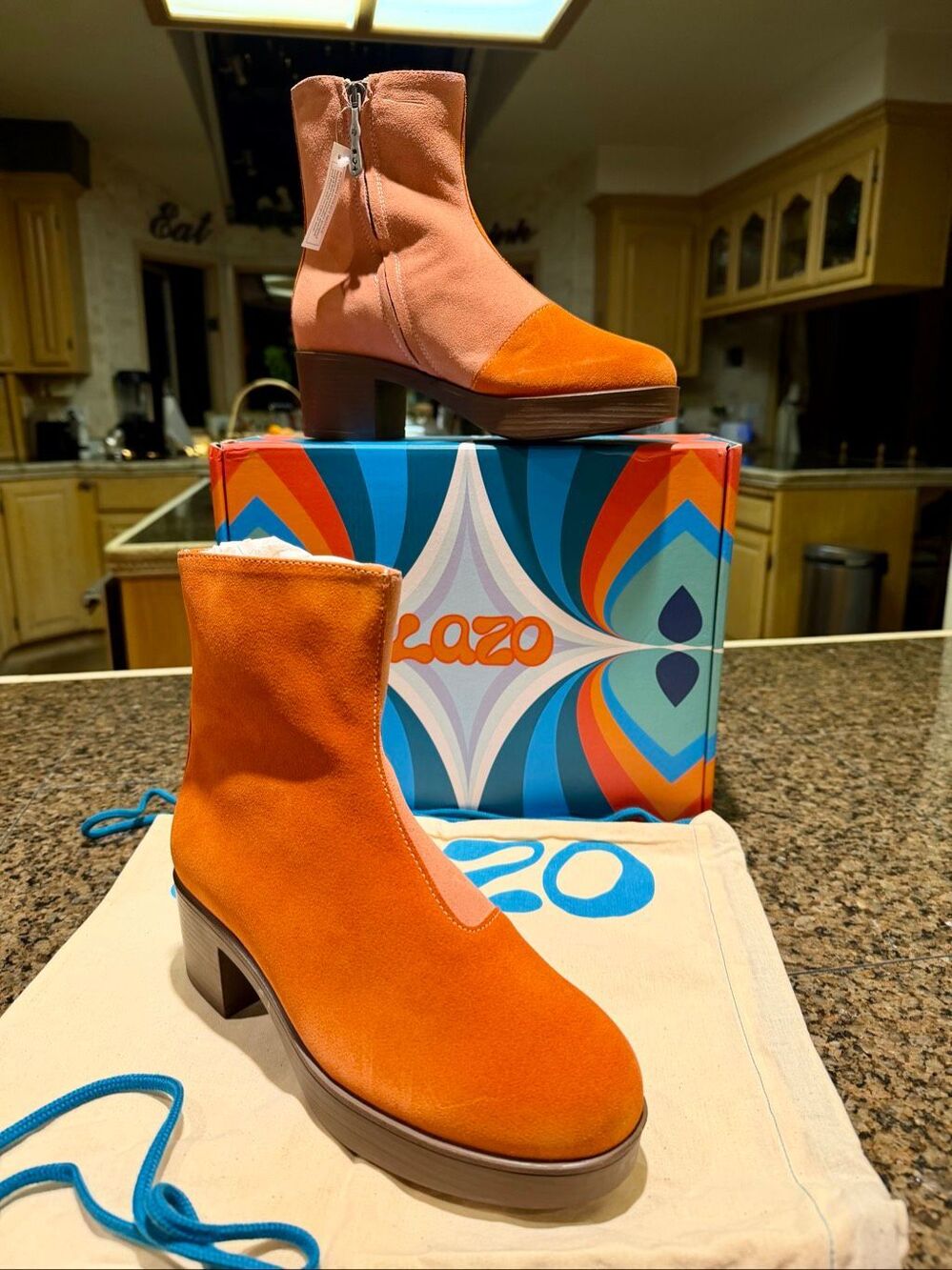 NWT Lazo Siren colorblock orange/pink suede ankle boots. Made in Italy.
